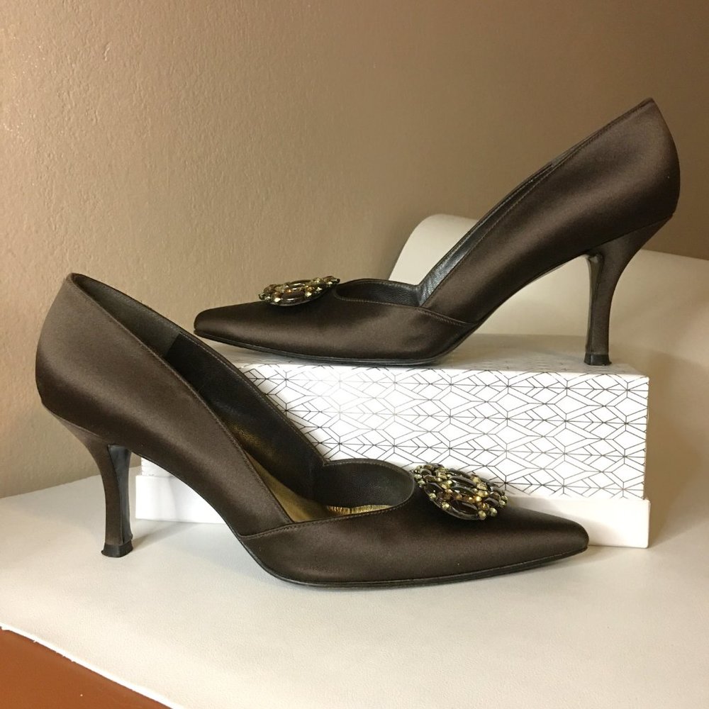 STUART WEITZMAN ✨ Brown Satin Rhinestone Embellished Heels - Picture 3 of 14